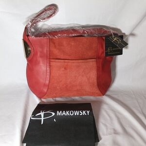 b. makowsky Red Suede and Leather Shoulder Bag